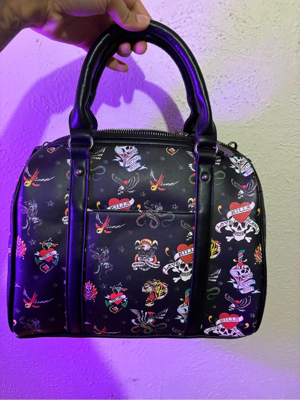 Ed Hardy Black Satchel with Multicolor Tattoo Motifs - Picture 2 of 3